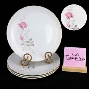 Camelot AMERICAN ROSE 1655 Pink Floral Gray Leaves China Dinner Plates Set of 4